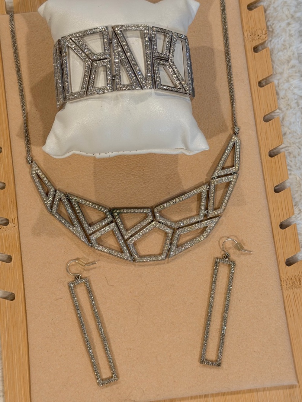 Vintage Geometric Crystal PavΓ© Necklace, Bracelet & Earrings Set - Silver Tone